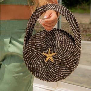 Black and Beige Woven Round Bag